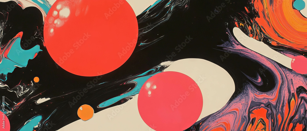 Poster Swirling ink patterns create vibrant contrasts with bright red shapes and fluid lines