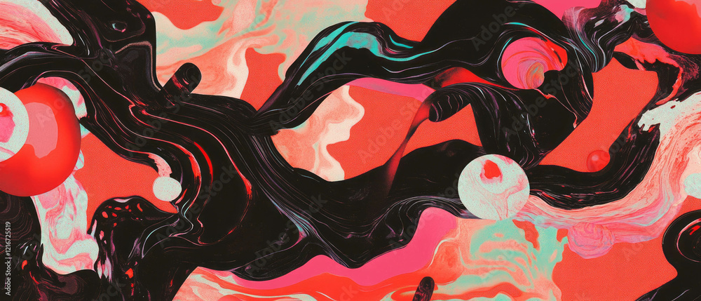 Poster Swirling ink patterns with vibrant red shapes and fluid lines in contrasting colors