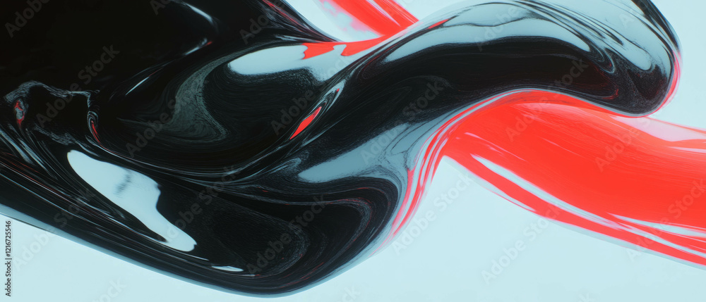 Poster Swirling lines of ink creating vibrant patterns with bright red shapes and fluid movement