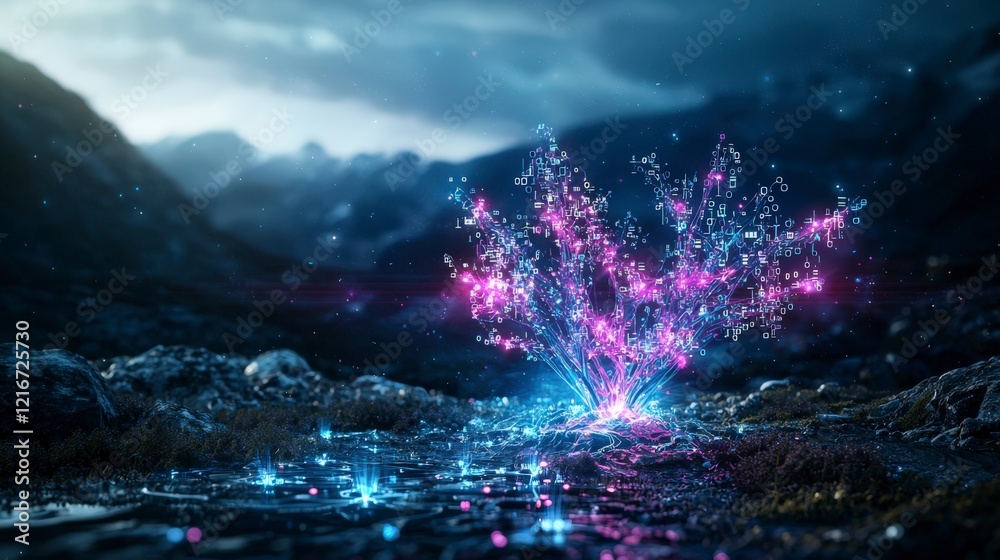 Poster futuristic data tree landscape glowing in twilight mountain region digital art surreal environment w