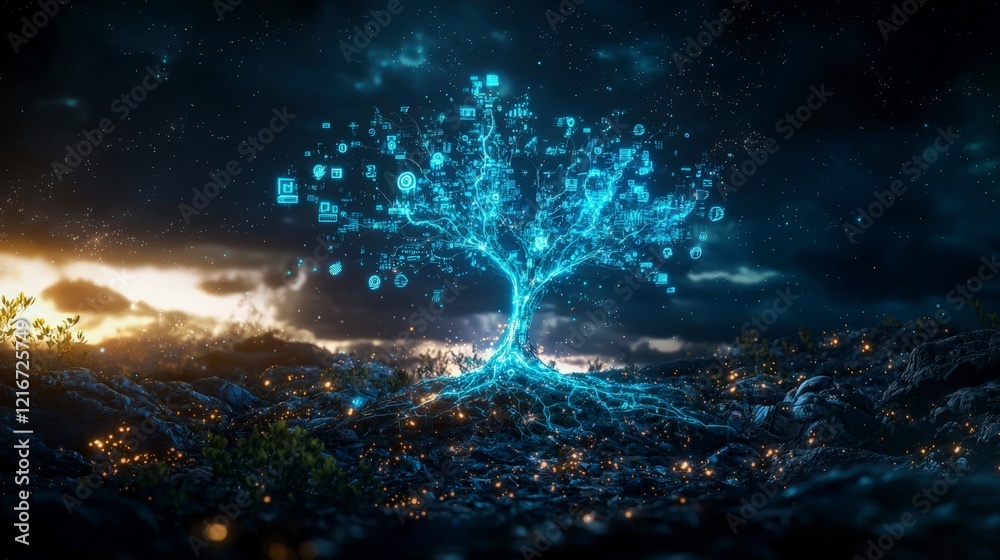 Poster futuristic data tree illuminates digital landscape at dusk symbolizing technology and nature's harmo