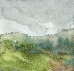 Watercolour landscape. Versatile artistic image for creative design projects: posters, banners, cards, prints, wallpapers. Traditional artist-made art. Raster illustration.