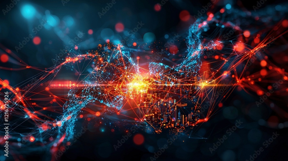 Aufkleber Global data network visualization with glowing threads digital abstract technology futuristic perspective