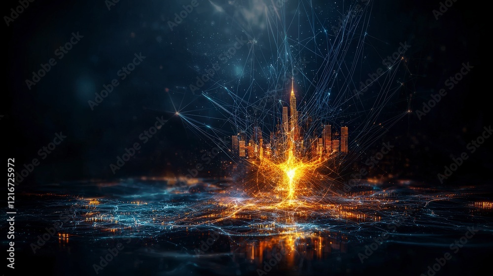 Leinwandbilder Global data network visualization with glowing threads tech city digital artwork futuristic aerial view connectivity concept