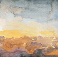 Watercolour landscape. Versatile artistic image for creative design projects: posters, banners, cards, prints and wallpapers. Traditional artist-made art. Raster illustration.