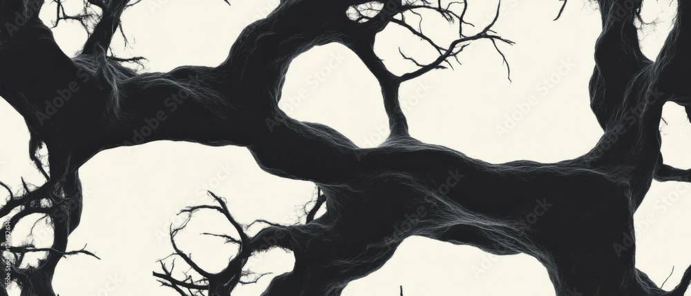 Poster black ink patterns resembling veined branches on a white surface create intricate textures