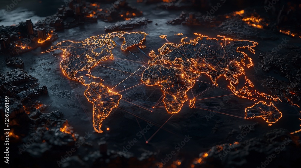 Poster Global network visualization digital lines world map nighttime 3d view connectivity concept