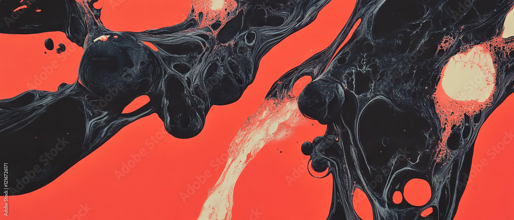 Aufkleber Veined ink patterns with branching lines create an abstract art composition in bold red contrast