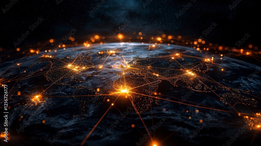 Poster global strategy visualized as glowing pathways connecting nations earth digital art cosmic environme