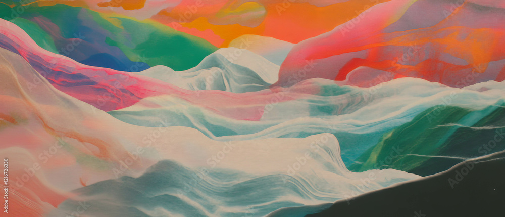 Poster soft gradients and washed ink patterns create an abstract serenity in pastel hues