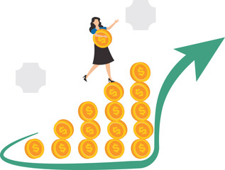 Business growth with profit increase, increased share value, good investment management, businesswoman investor brings money and flags up the money graph to reach the pinnacle of success