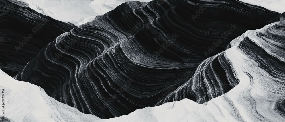 Poster wavy black ink lines create undulating textures on a stark white background