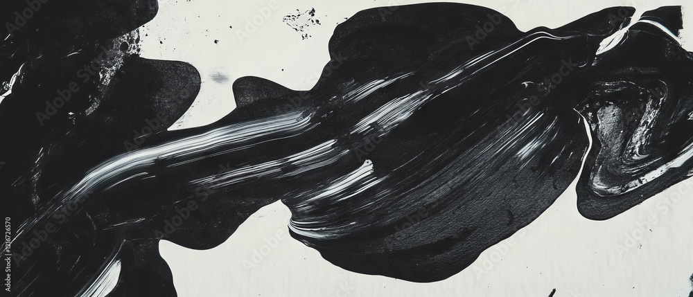 Poster exploring wet black ink textures on white paper with glossy finish