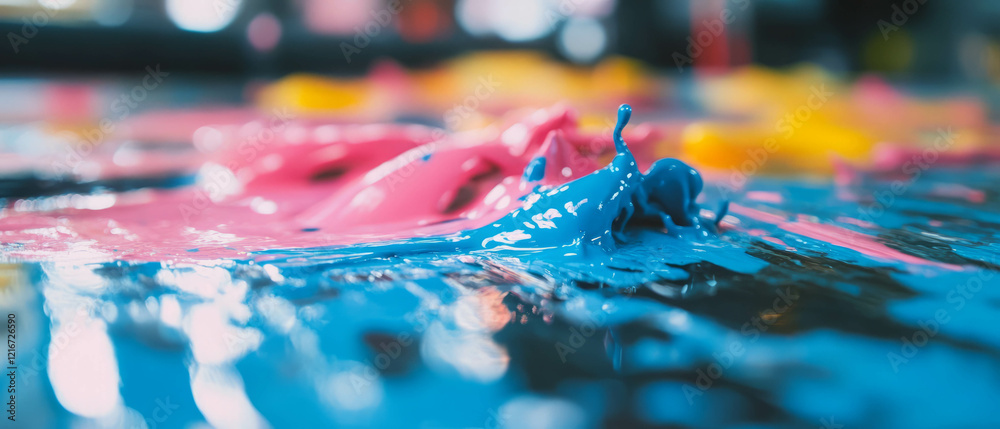 Poster Vibrant wet ink splashes creating glossy textures in an artistic setting