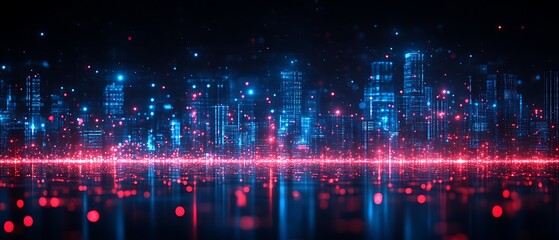Futuristic city skyline reflected in water.