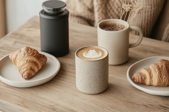 Minimalist Home Cafe Vibes Korean Couple Enjoying Latte Art in Eco-Friendly Stoneware - Cozy Lifestyle Content and Modern Coffee Culture Promotion