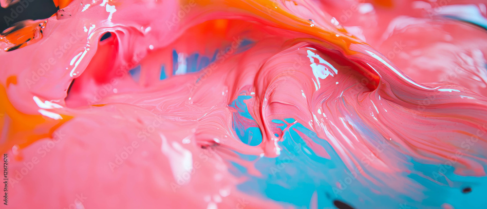 Poster vibrant wet ink textures with glossy finish and bright contrast shapes in dynamic composition