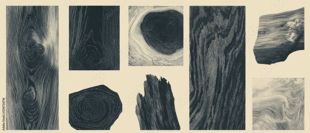 Poster exploration of intricate wood grain textures rendered through cross-hatching techniques