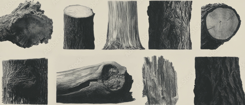 Poster Detailed wood grain texture showcasing cross-hatching depth and variation across various types