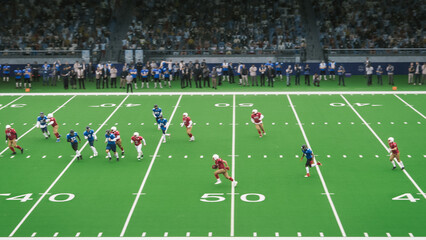 American Football Game with Athletes in Red and Blue Gear Sprinting Across the Turf, Coordinating Offensive and Defensive Strategies With Speed and Power