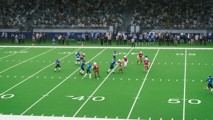 Obraz premium American Football Game with Athletes in Red and Blue Gear Sprinting Across the Turf, Coordinating Offensive and Defensive Strategies With Speed and Power