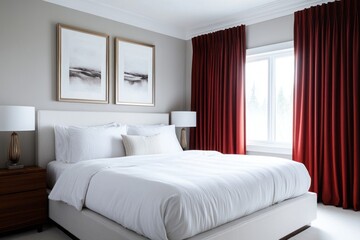 Fototapeta premium Modern Bedroom King Size Bed White Bedding Red Curtains