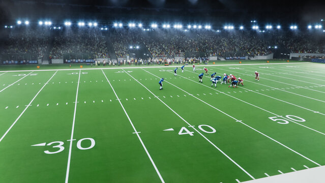 Aerial Photo of Two Diverse Athletic Teams Fight for Positions at the Start of the Tournament Game in a Crowded Stadium with Sport Fans. Ball is Snapped and Players Fight for the Pigskin Ball - Powered by Adobe