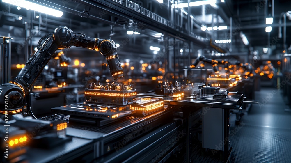 Poster close-up view of innovative high-tech manufacturing efficiency in a futuristic industrial factory en