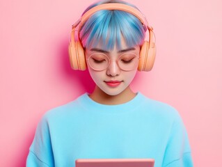 Vibrant Gen Z Digital Artistry South Korean Teen with Dynamic Neon Aesthetics and Creative Tools - Contemporary Content Creation for Digital Marketing and Design Innovation