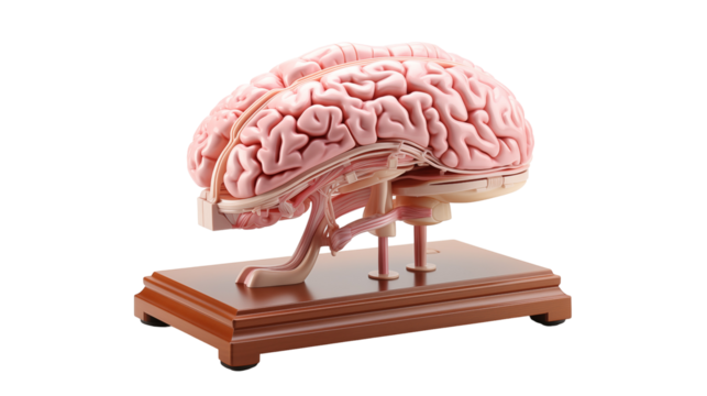 Anatomical human brain model on wooden base, a 3D render for medical and science education purposes, transparent background.