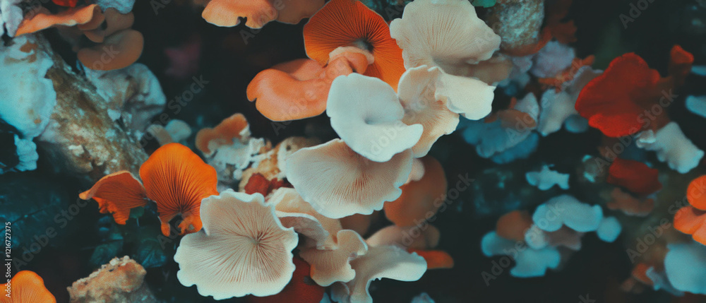 Poster discovering unique textures and colors of wrinkled mushroom caps in nature