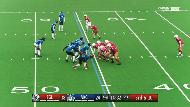 American Football TV Broadcast Screen Shot with Score Bug. Two Teams Playing in a Tournament. Teams Tackle the Ball, Throw and Score Runs During a Championship Match. Screen Replacement Mock Up