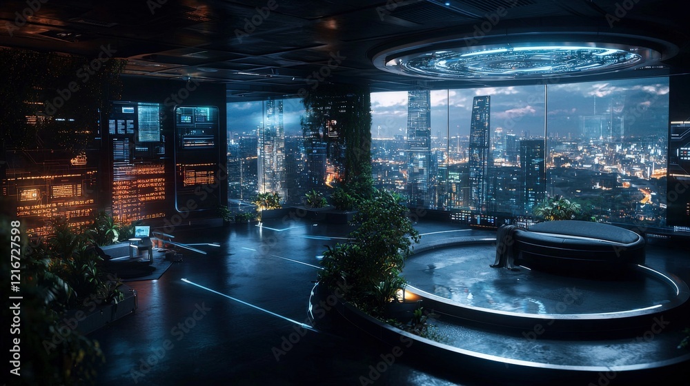 Poster futuristic urban technology integration modern cityscape digital environment night view data-driven 