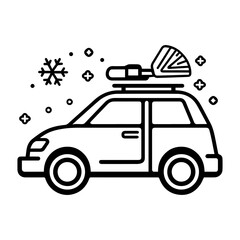 Car with snowflakes and roof snow brush in line art style