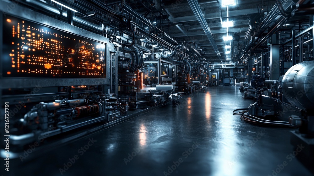 Poster futuristic industrial facility automated system with glowing data in a digital environment - wide-an