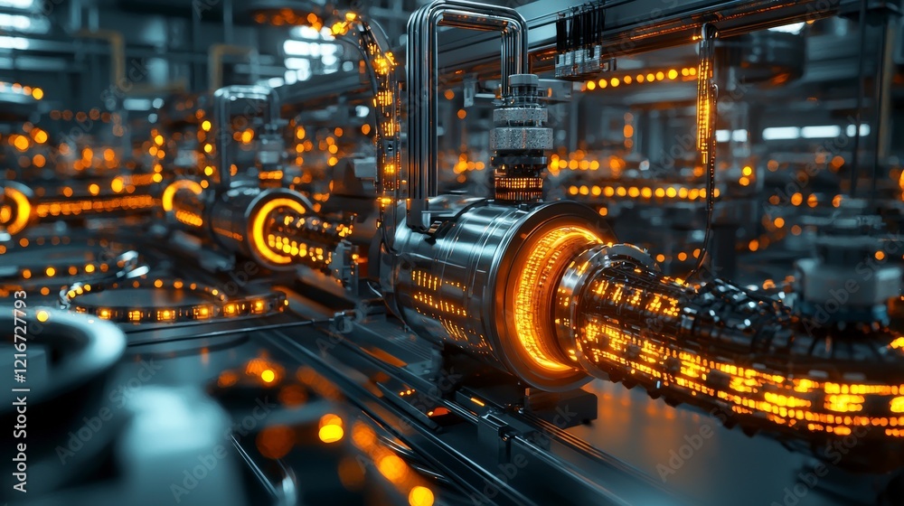Fototapete Seamless automated system of glowing data in industrial environment high-tech factory close-up perspective