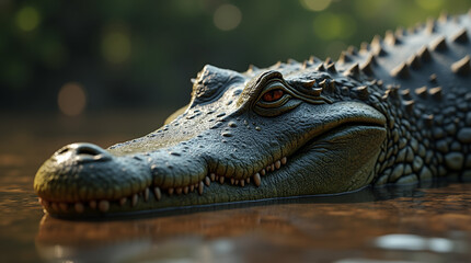Obraz premium Macro Shot of a Crocodile Head: Wild Beauty in a River
