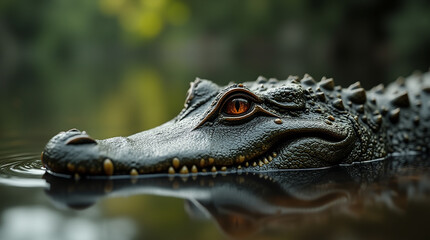 Fototapeta premium Macro Shot of a Crocodile Head: Wild Beauty in a River