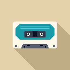 Turquoise audio cassette tape on a beige background casting a long shadow, representing vintage music technology
