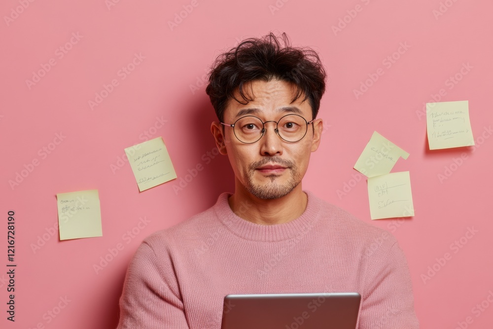 Poster modern study scene korean man engrossed in exam prep with tablet and sticky notes - interactive lear