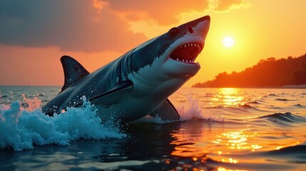 Fototapeta premium Majestic Great White Shark Leaps from the Ocean Waves at Sunset, Jaws Agap in a Breathtaking Display of Power and Grace