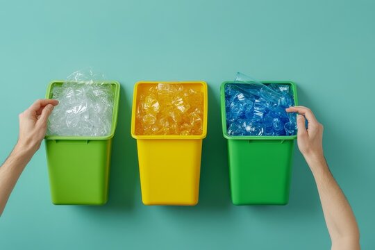 Hands sorting glass, paper, and plastic into recycling bins in an indoor setting for waste management and sustainability. Generative AI