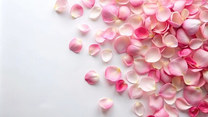 Obraz premium Delicate pink rose petals scattered on a soft white background, flower power