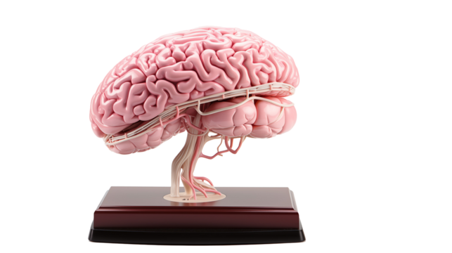 Human brain anatomy model 3D render, detailed high-resolution image for biology and medical research education, transparent background.
