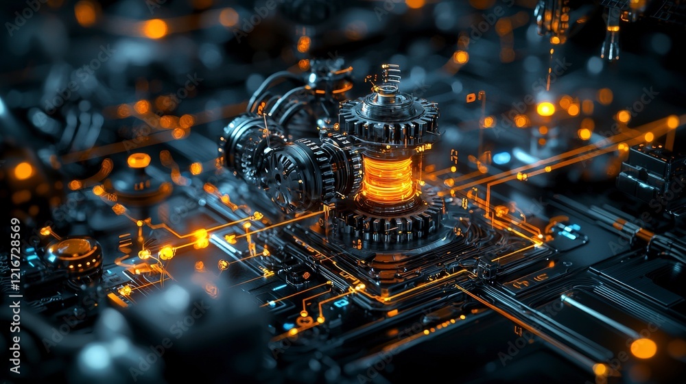 Poster Innovative strategy optimization system visualized through interlinked technology in a futuristic environment