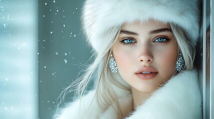 Elegant winter close-up of a woman in white mink fur hat and coat, adorned with diamond earrings, leaning casually on the elevator wall of a high-end hotel, snowfall creating a serene backdrop, 
