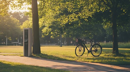 Fototapeta premium Bike Parked Under Tree with Charging Station