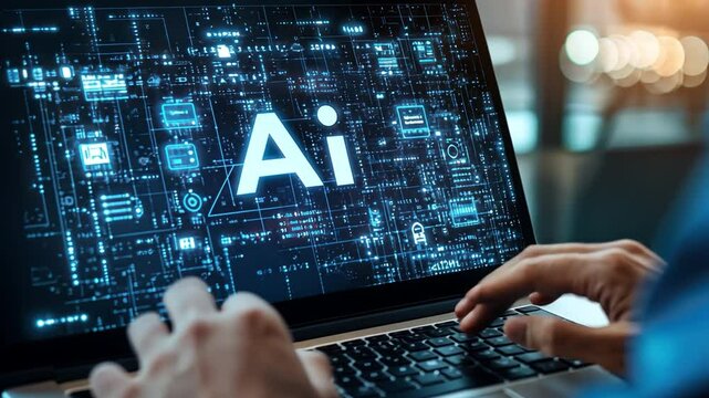 AI Innovation on Laptop Screen: Hands actively engage with a laptop showcasing a vibrant digital display centered around the prominent "AI" lettering.