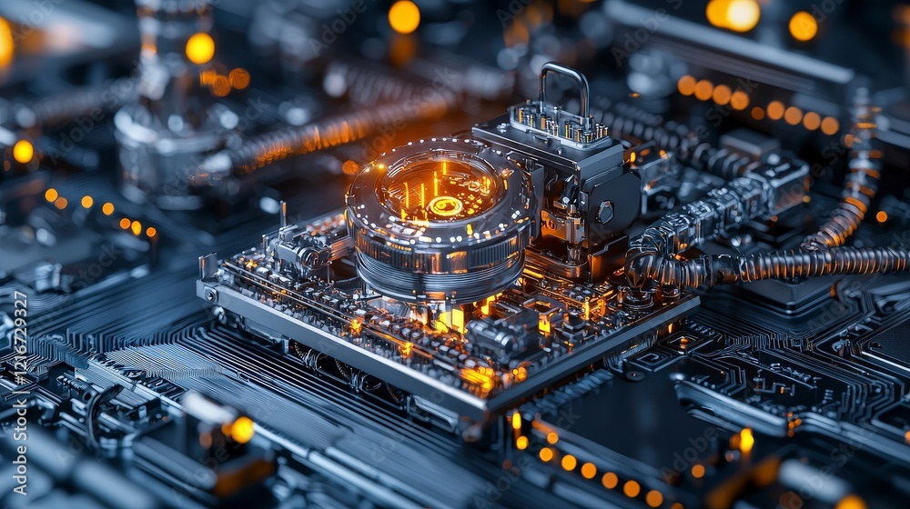 Poster Revolutionizing industrial automation with ai close-up on digital circuitry in a high-tech factory environment