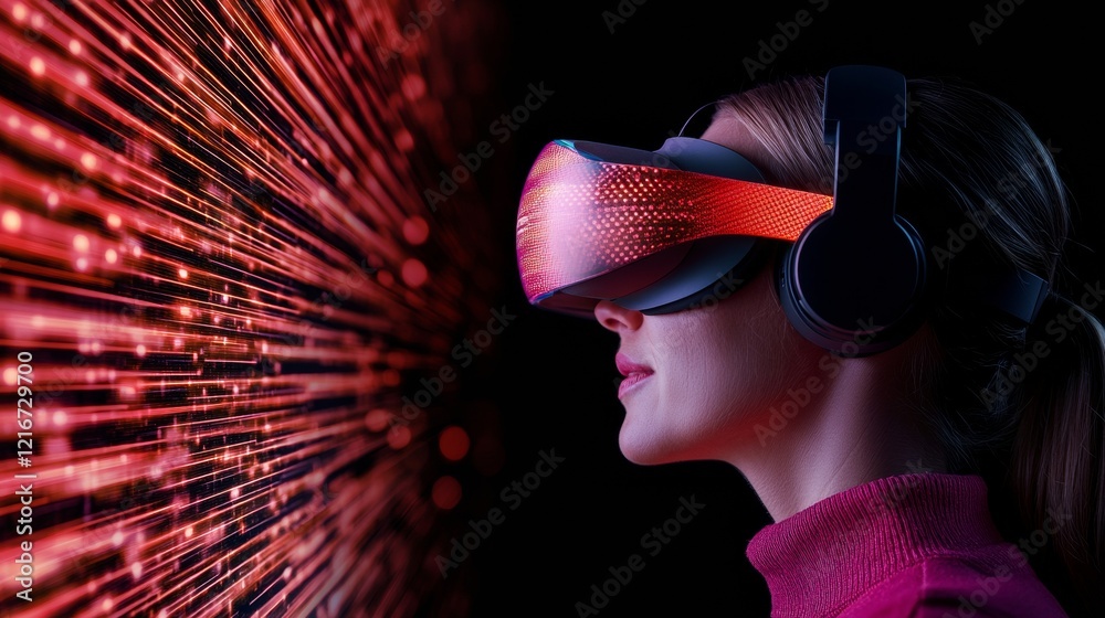 Poster Immersive Virtual Reality Presentation Futuristic Tech and Vibrant Visuals with Headset Interface - Digital Networking and Business Innovation for Remote Engagement